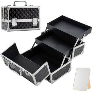 New Watercube Makeup Train Case, 2-Tray Cosmetic Organizer with Mirror Box